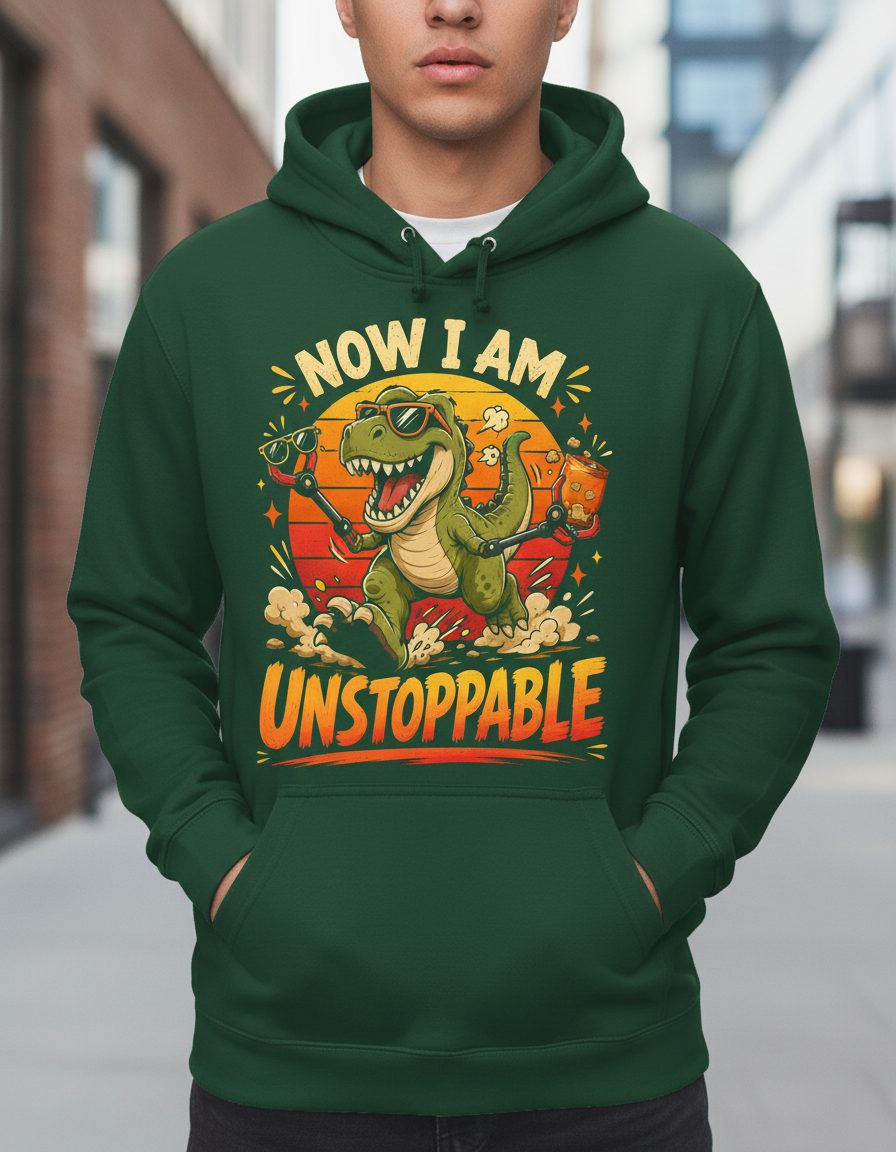Now I Am Unstoppable Funny T-Rex Dinosaur Hoodie - product mockup - Forest Green
