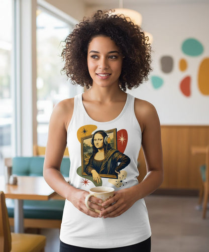 Retro Mona Lisa with Headphones Funny Art Lovers Tank Top - lifestyle model mockup - White