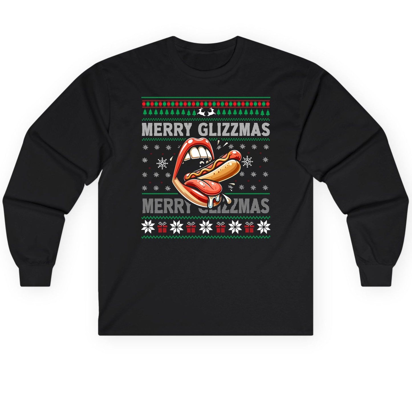 Merry Glizzzmas hot dog Long Sleeve Tee Black product mockup
