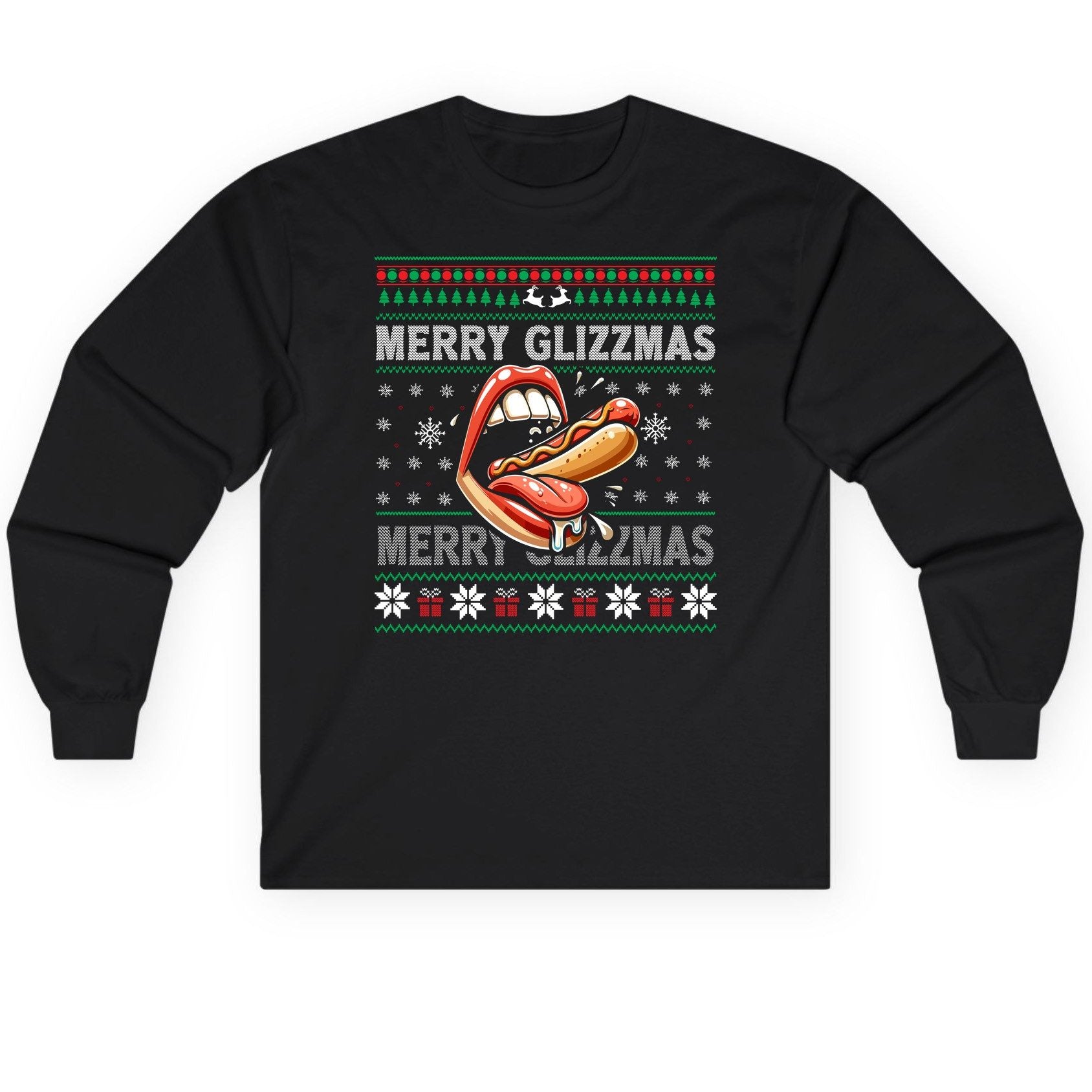 Merry Glizzzmas hot dog Long Sleeve Tee Black product mockup