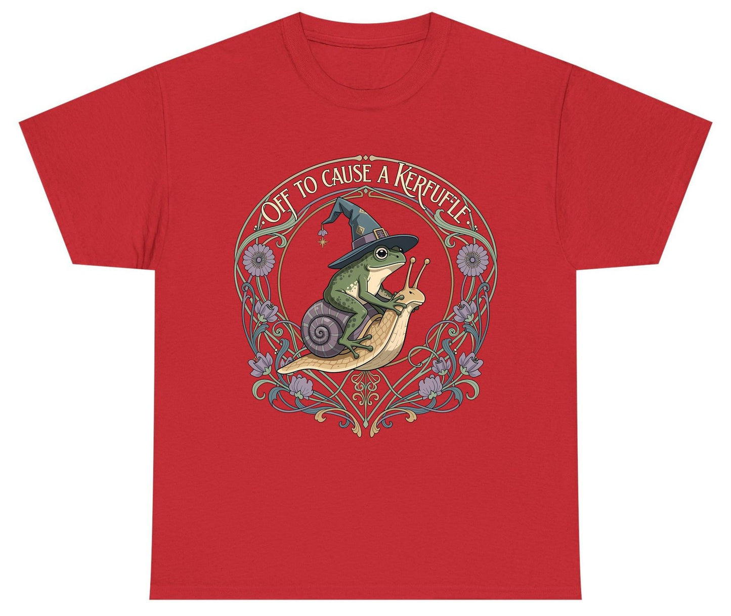 Off to Cause a Kerfuffle frog riding a snail Youth T-Shirt Red product mockup