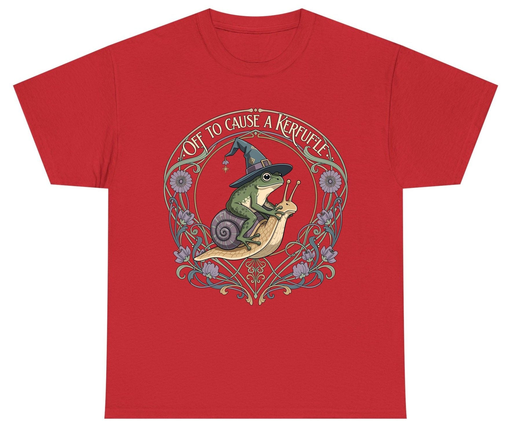 Off to Cause a Kerfuffle frog riding a snail Youth T-Shirt Red product mockup