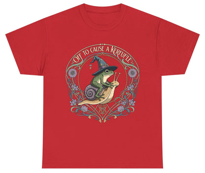 Off to Cause a Kerfuffle frog riding a snail Youth T-Shirt Red product mockup