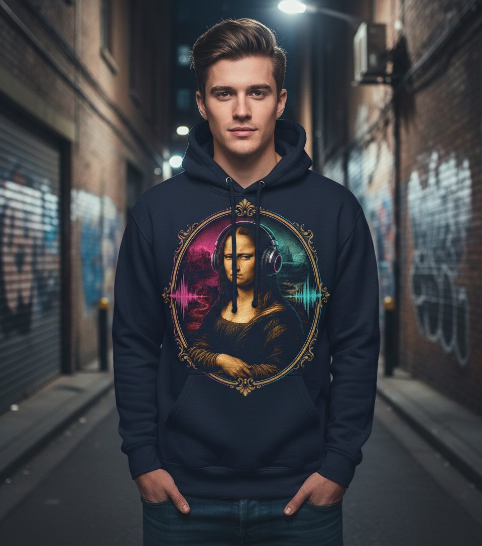 Dj Mona Lisa Art Parody Funny Lovers Hoodie - product mockup - Navy