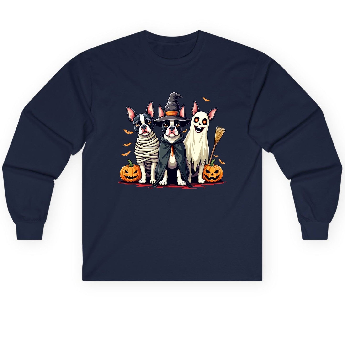 Halloween Boston Terrier Trio boston terrier Long Sleeve Tee Navy product mockup