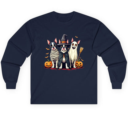 Halloween Boston Terrier Trio boston terrier Long Sleeve Tee Navy product mockup