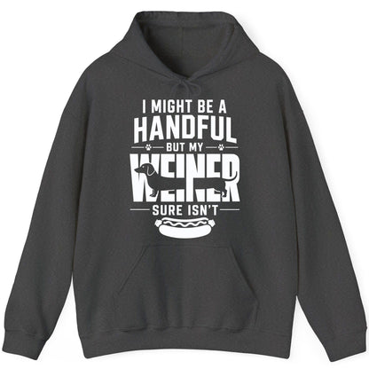 I Might Be a Handful but My Weiner Sure Isn't dachshund Hoodie Dark Heather product mockup