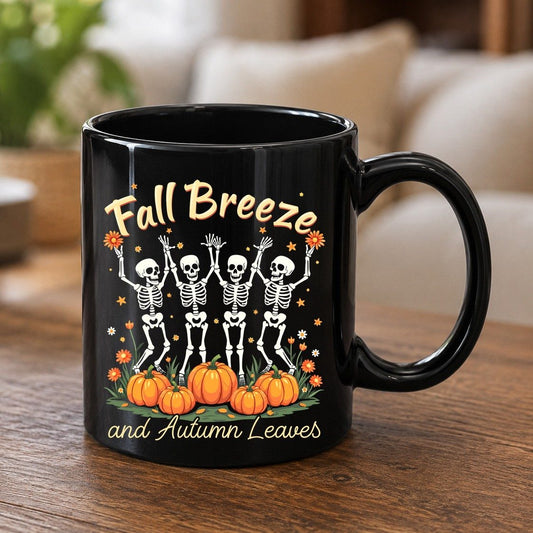 Fall Breeze and Autumn Leaves dancing skeletons Black Mug Black product mockup