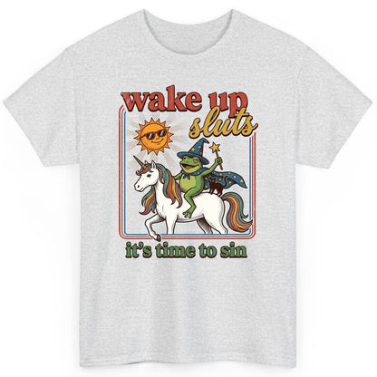Wake Up Sluts It's Time to Sin Funny Wizard Frog T-Shirt - product mockup - Ash