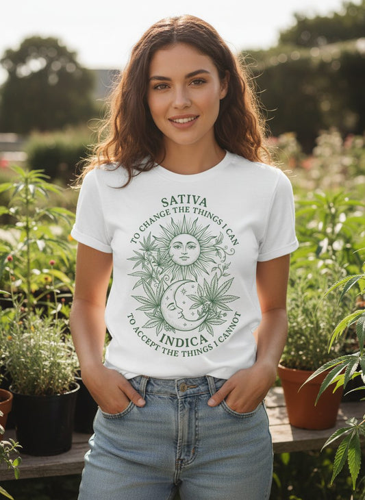 SATIVA TO CHANGE THE THINGS I CAN INDICA TO ACCEPT THE THINGS T-Shirt - lifestyle model mockup - White