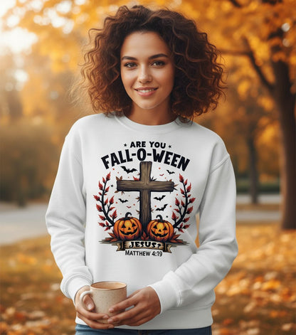 Are You Fall-O-Ween Jesus? christian Halloween Sweatshirt White lifestyle mockup