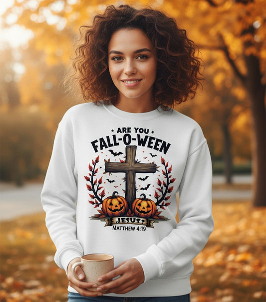 Are You Fall-O-Ween Jesus? christian Halloween Sweatshirt White lifestyle mockup