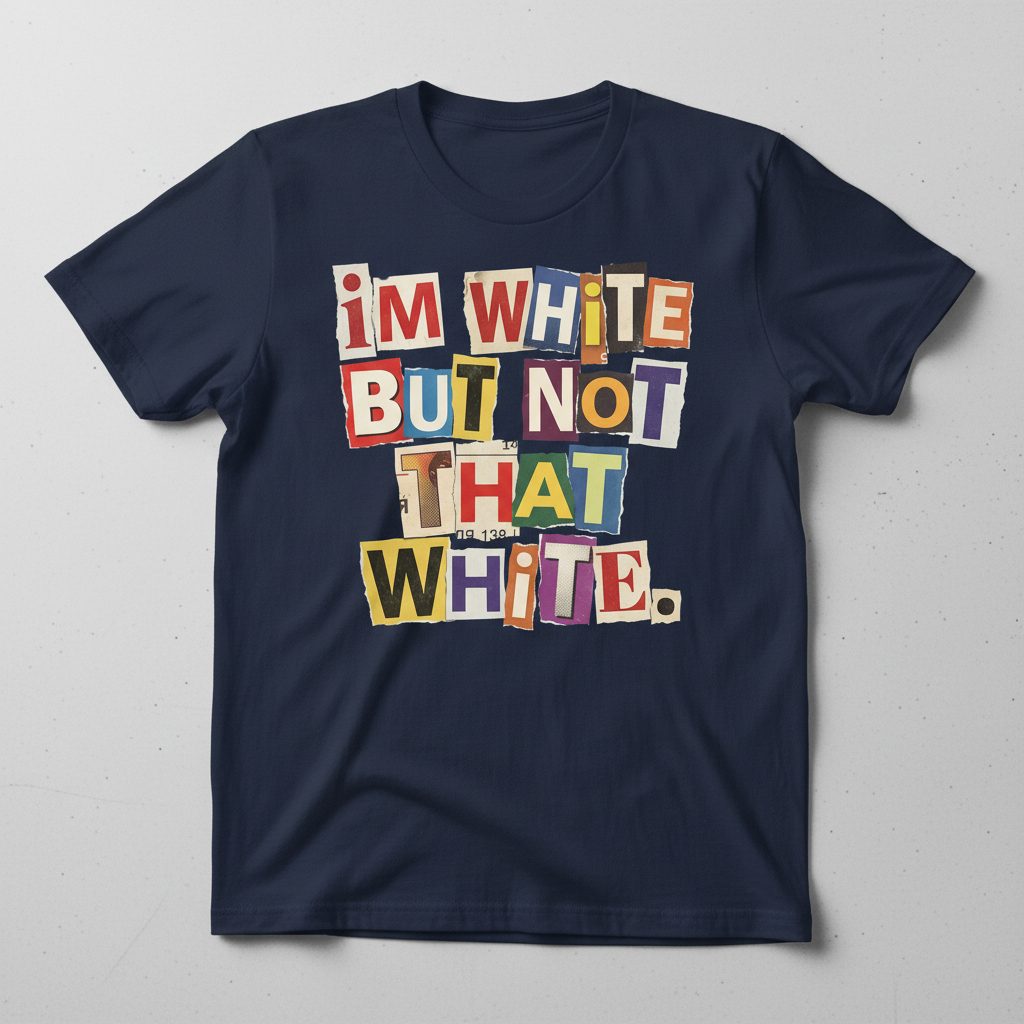 I'M WHITE BUT NOT THAT WHITE Funny Social Commentary T-Shirt - product mockup - Navy