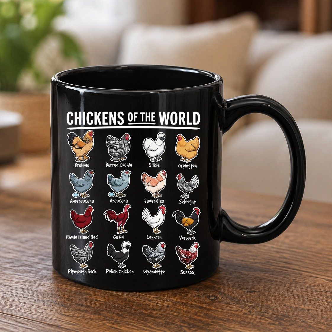 Chickens of the World chicken breeds Black Mug Black product mockup