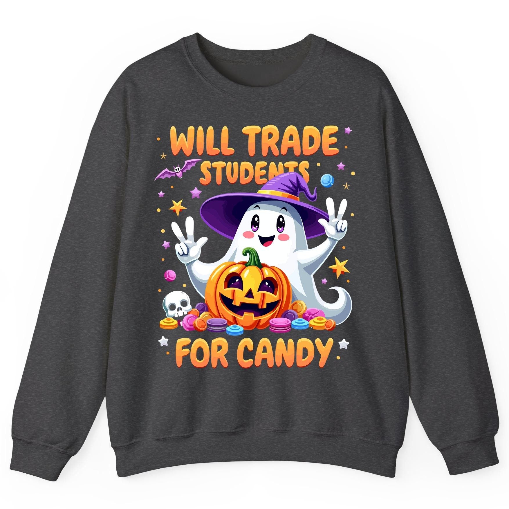 Will Trade Students for Candy teacher Halloween Sweatshirt Dark Heather product mockup