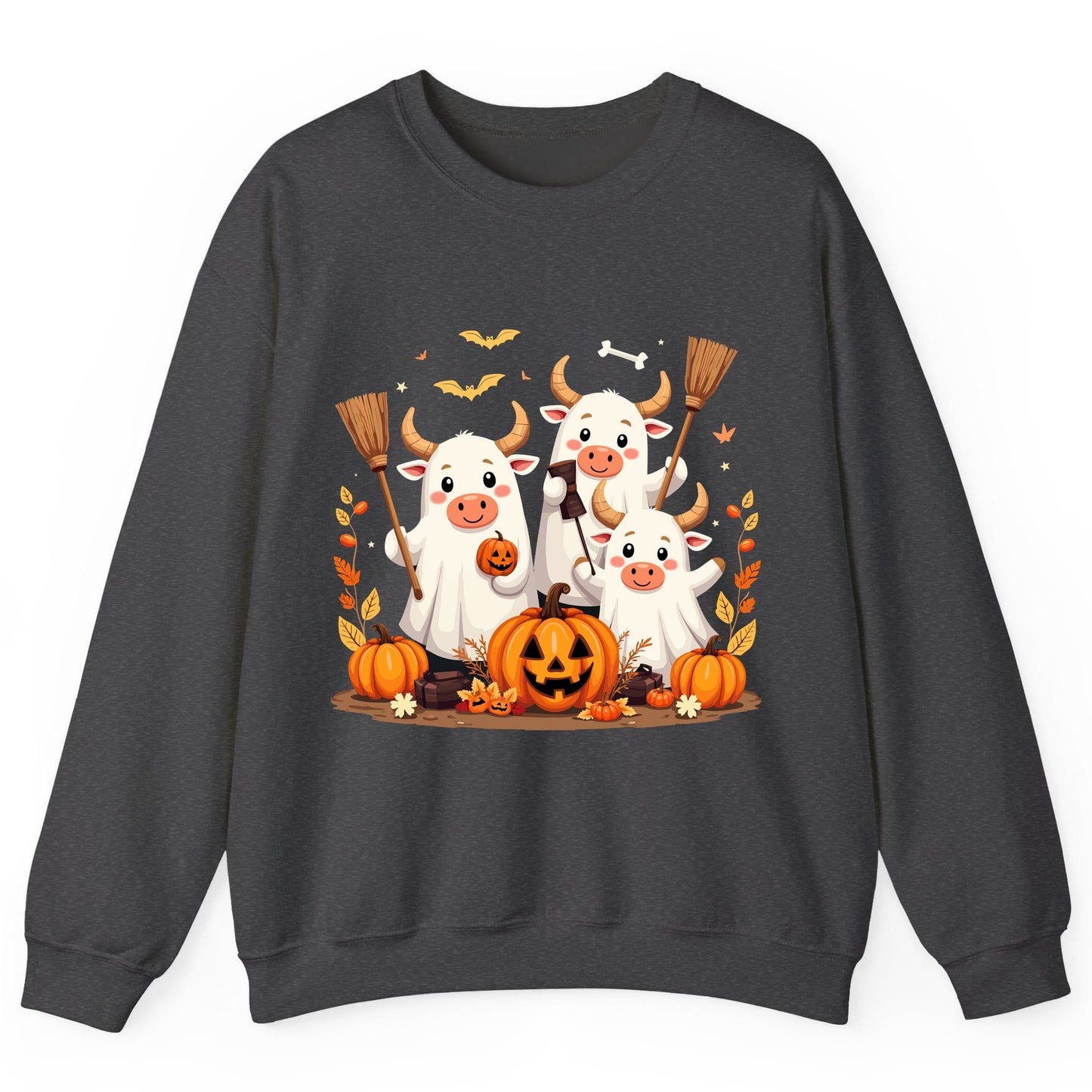 Cute Ghost Cows Halloween cows Sweatshirt Dark Heather product mockup
