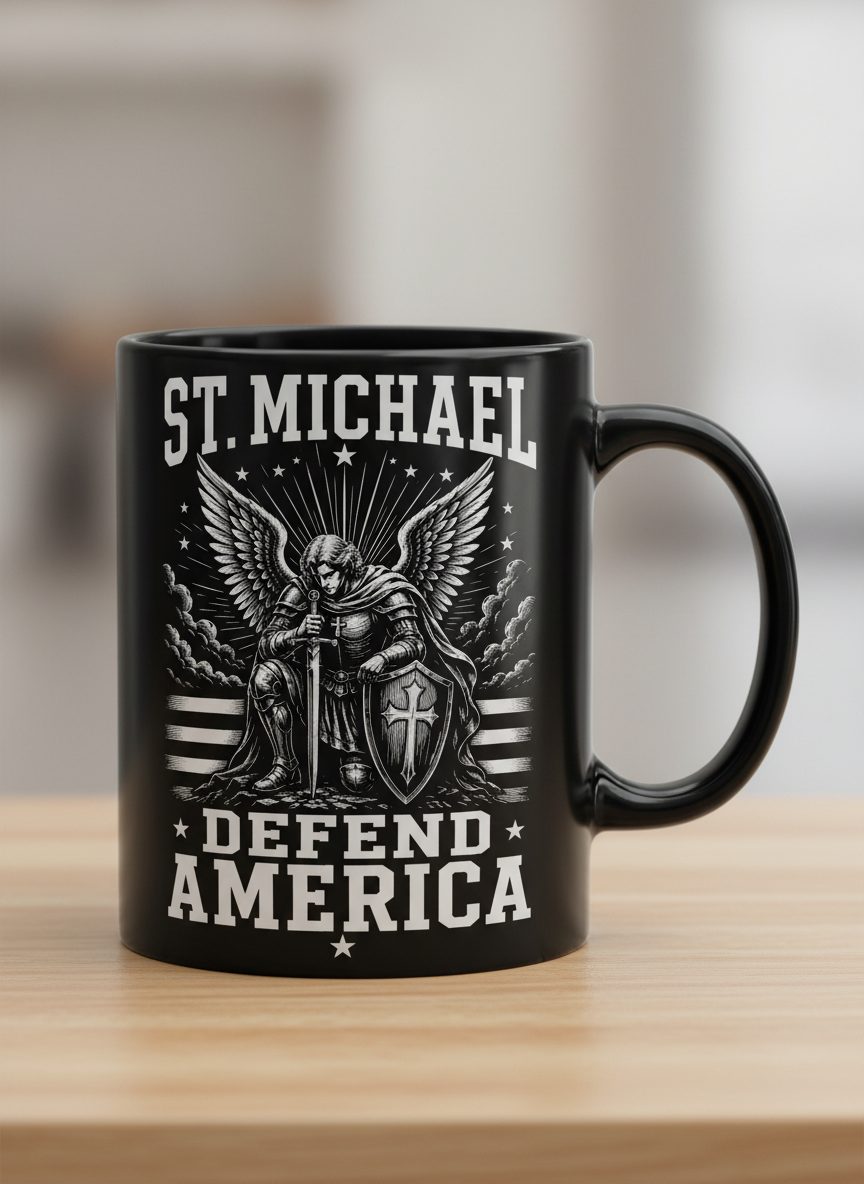 St Michael Defend America Patriotic Christian Black Mug - product mockup - Black