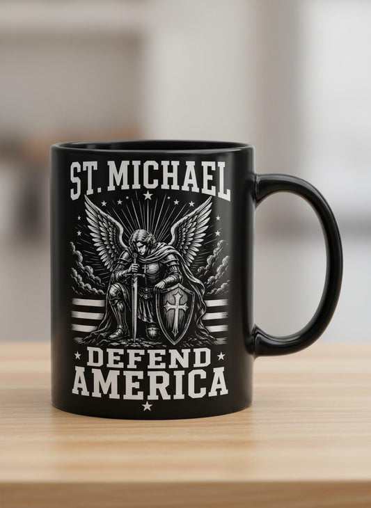 St Michael Defend America Patriotic Christian Black Mug - product mockup - Black