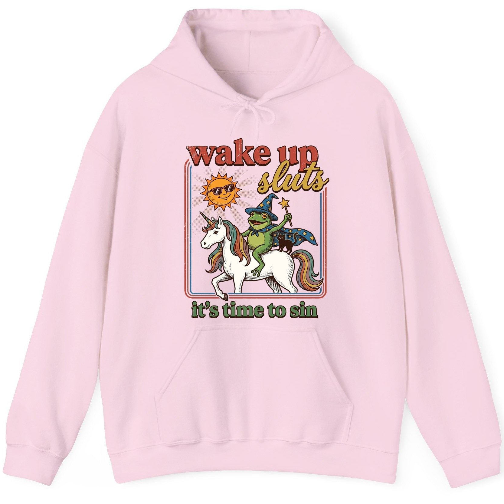 Wake Up Sluts It's Time to Sin Funny Wizard Frog Hoodie - product mockup - Light Pink
