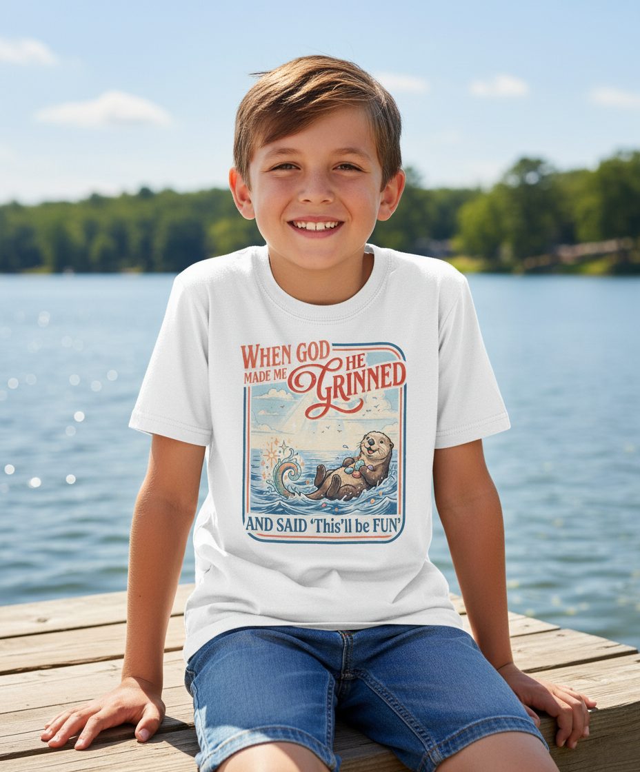 When God Made Me He Grinned and Said 'This'll Be FUN' Youth T-Shirt - lifestyle model mockup - White