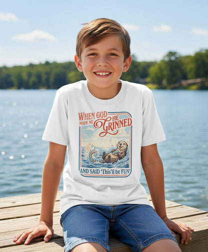 When God Made Me He Grinned and Said 'This'll Be FUN' Youth T-Shirt - lifestyle model mockup - White