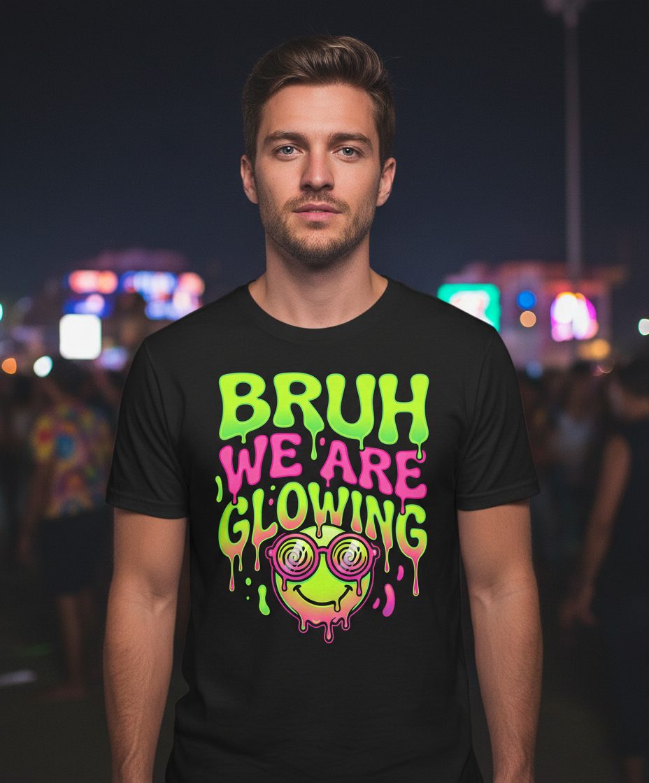 Bruh We Are Glowing rave culture T-Shirt Black lifestyle mockup