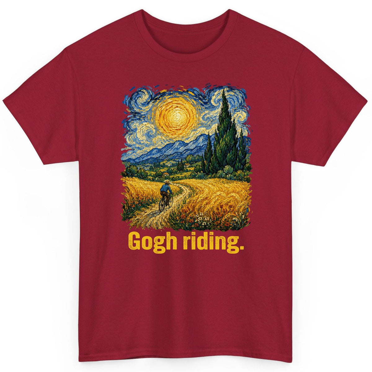 Gogh Riding art parody T-Shirt Cardinal Red product mockup