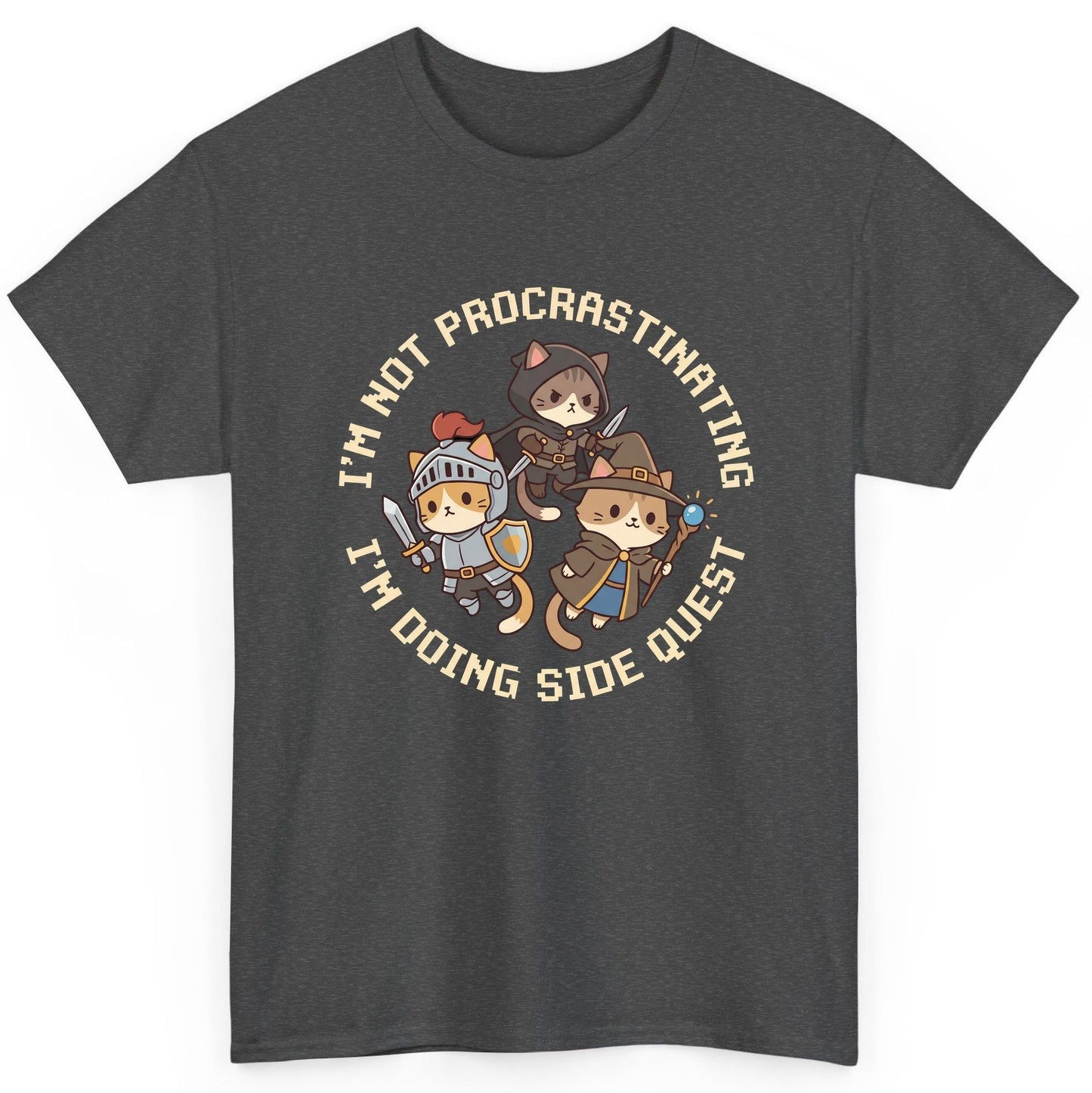I'm Not Procrastinating I'm Doing Side Quest rpg cats T-Shirt Dark Heather product mockup
