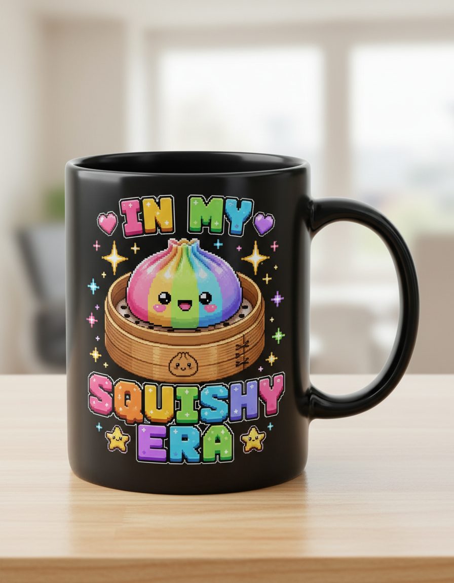 In My Squishy Era Retro Kawaii Dumpling Black Mug - product mockup - Black