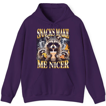 SNACKS MAKE ME NICER Funny Raccoon Hoodie - product mockup - Purple