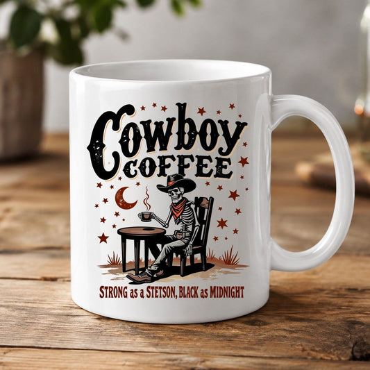 Cowboy Coffee Strong as a Stetson, Black as Midnight cowboy skeleton White Mug White product mockup