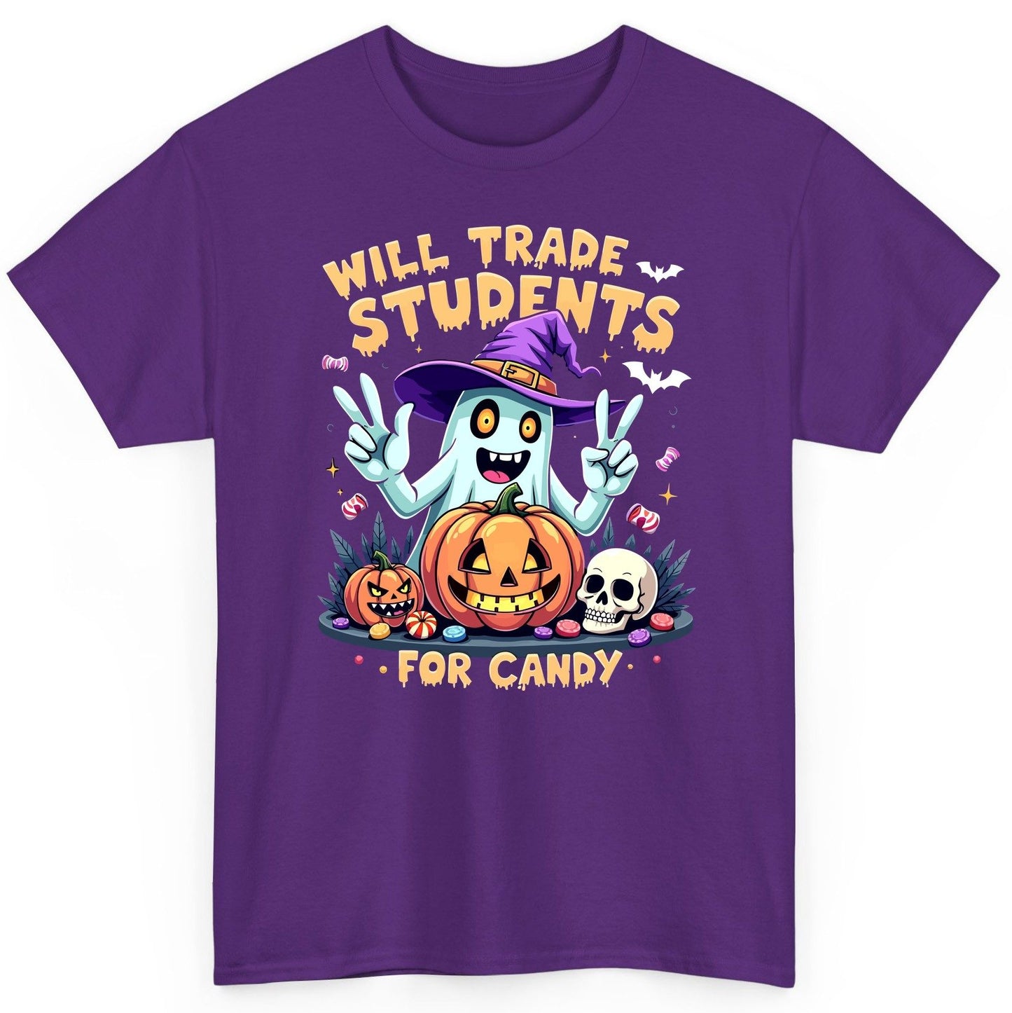 Will Trade Students for Candy teacher humor T-Shirt Purple product mockup
