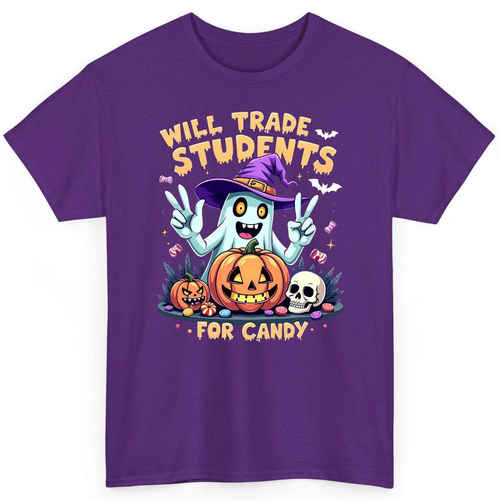 Will Trade Students for Candy teacher humor T-Shirt Purple product mockup