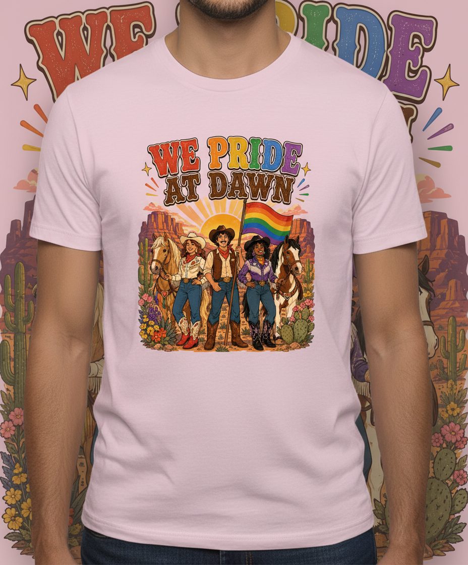 We Pride at Dawn Retro Lgbtq T-Shirt - product mockup - Light Pink