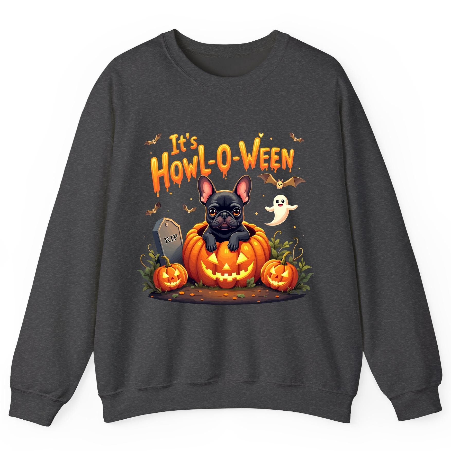 It's Howl-O-Ween french bulldog Sweatshirt Dark Heather product mockup