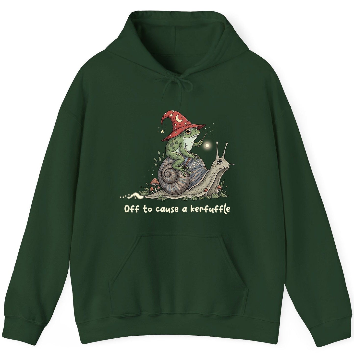 Off to Cause a Kerfuffle wizard frog Hoodie Forest Green product mockup