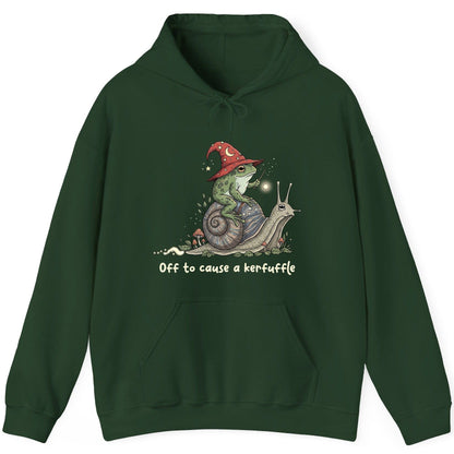 Off to Cause a Kerfuffle wizard frog Hoodie Forest Green product mockup