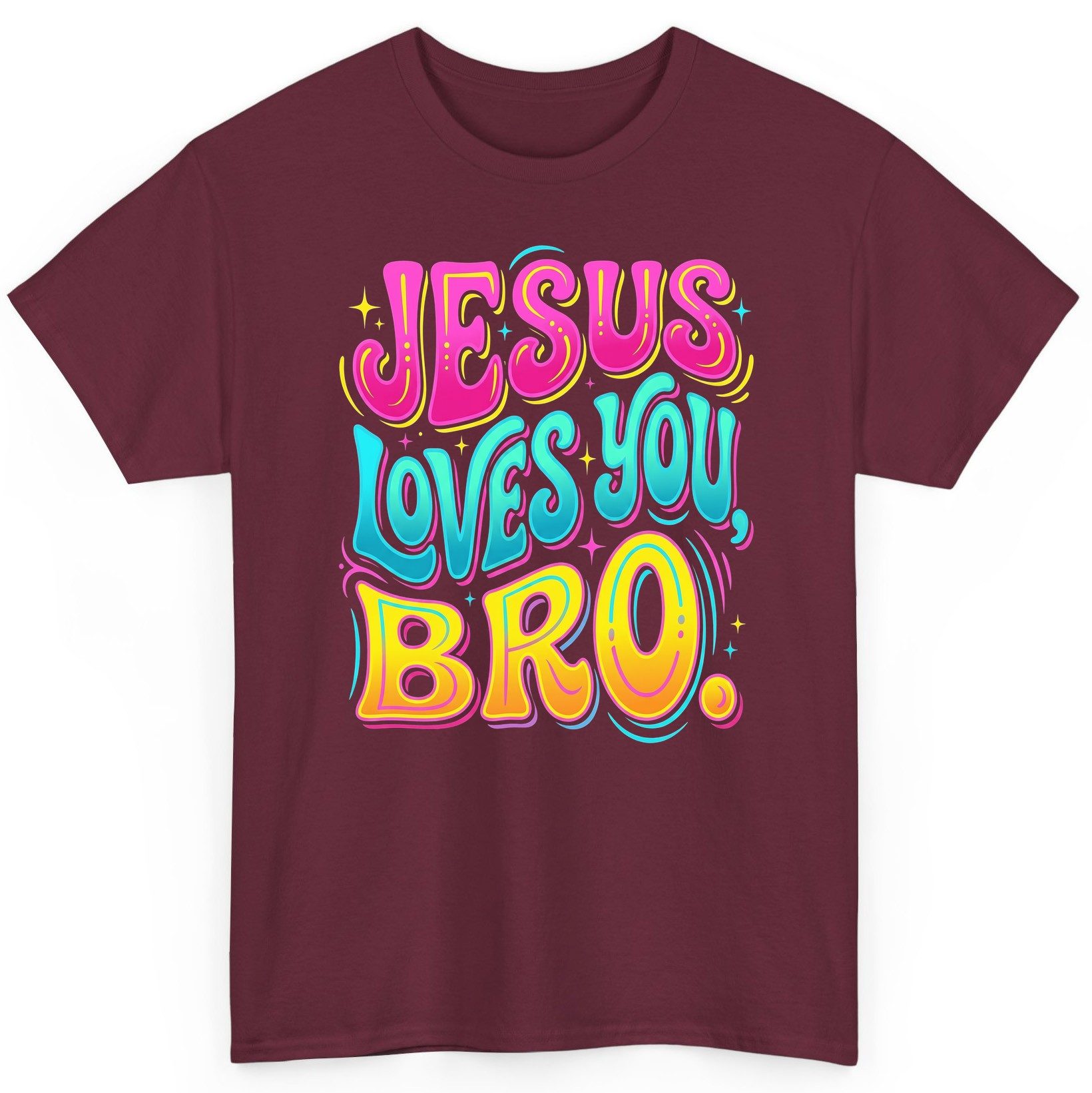 JESUS LOVES YOU BRO Retro Christian T-Shirt - product mockup - Maroon