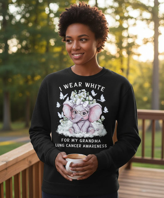 I Wear White for My Grandma Lung Cancer Awareness lung cancer awareness Sweatshirt Black lifestyle mockup