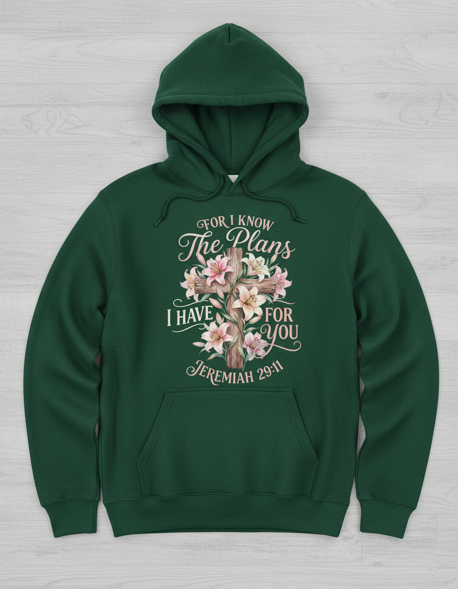 Jeremiah 29:11 For I Know The Plans I Have For You Cross and Lilies Hoodie - Forest Green
