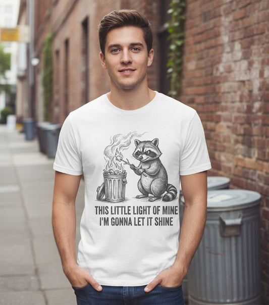 THIS LITTLE LIGHT OF MINE I'M GONNA LET IT SHINE Raccoon T-Shirt White lifestyle mockup