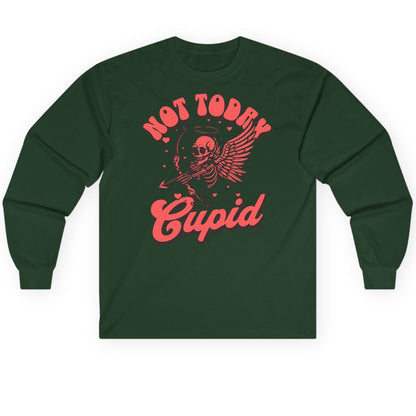 Not Today Cupid skeletal cupid Long Sleeve Tee Forest Green product mockup