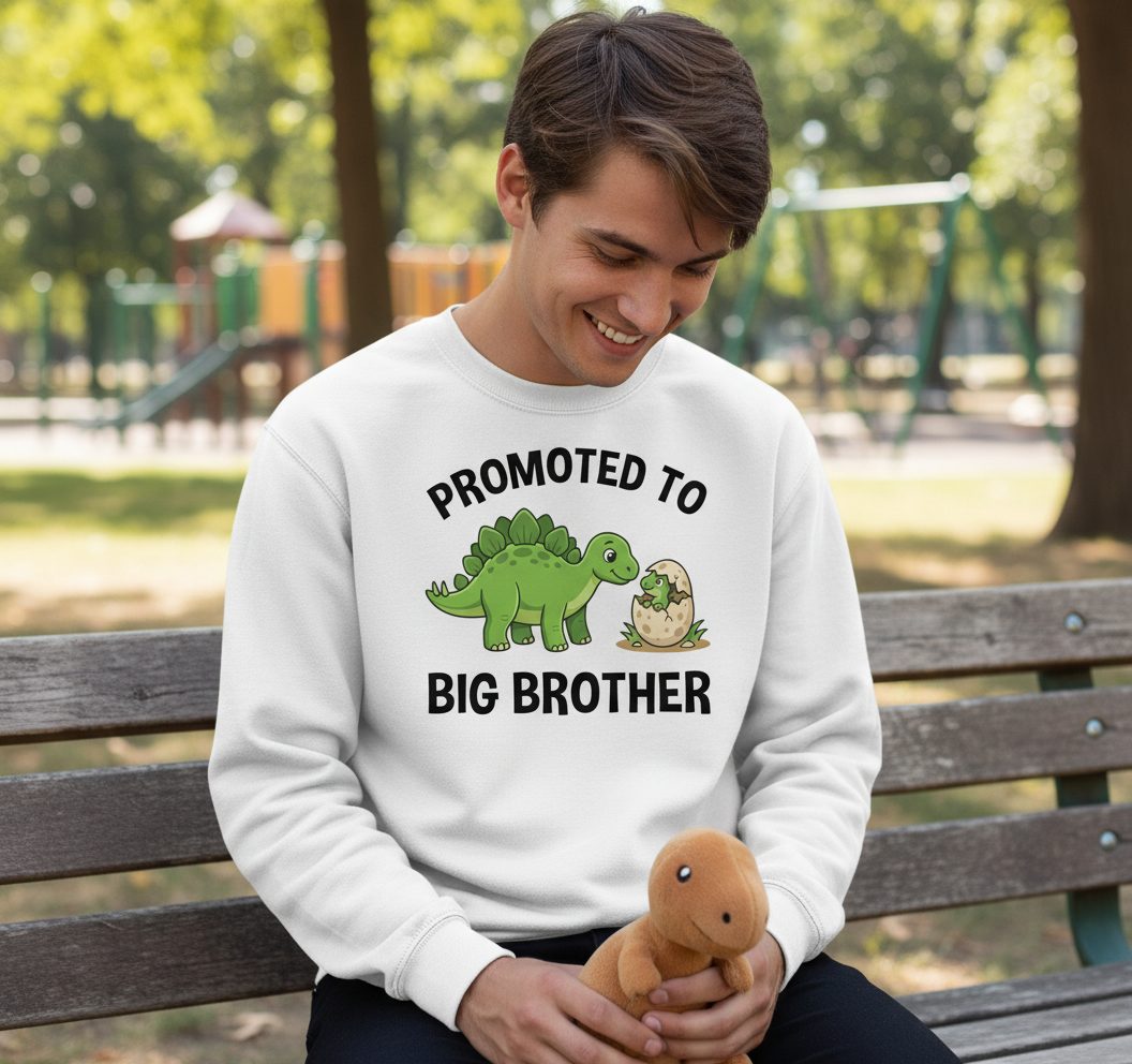 Promoted to Big Brother Dinosaur Sweatshirt - lifestyle model mockup - White