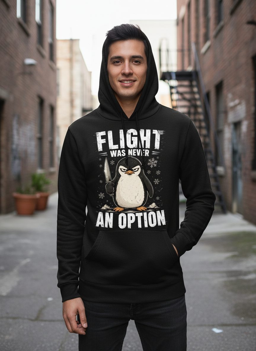 Flight Was Never an Option Funny Penguin Hoodie - lifestyle model mockup - Black