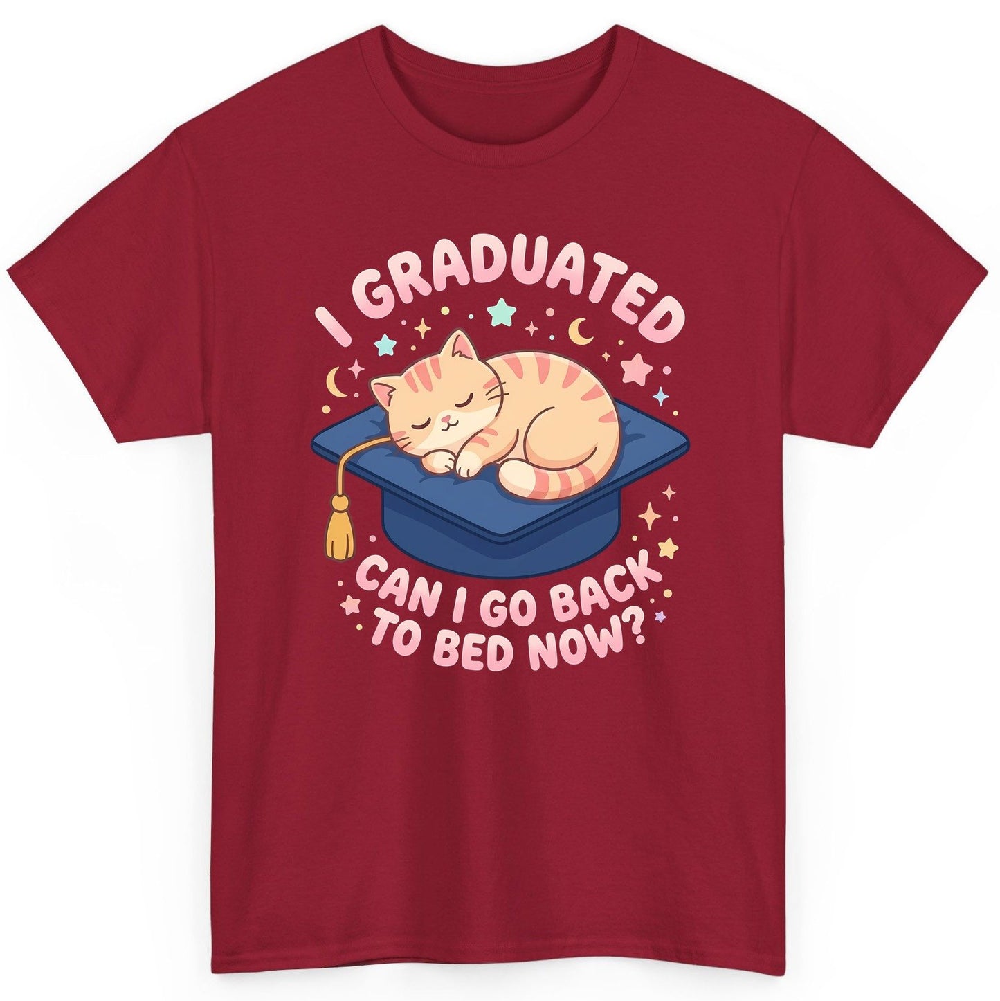 I Graduated CAN I GO BACK TO BED NOW Funny Graduation Cat T-Shirt - product mockup - Cardinal Red