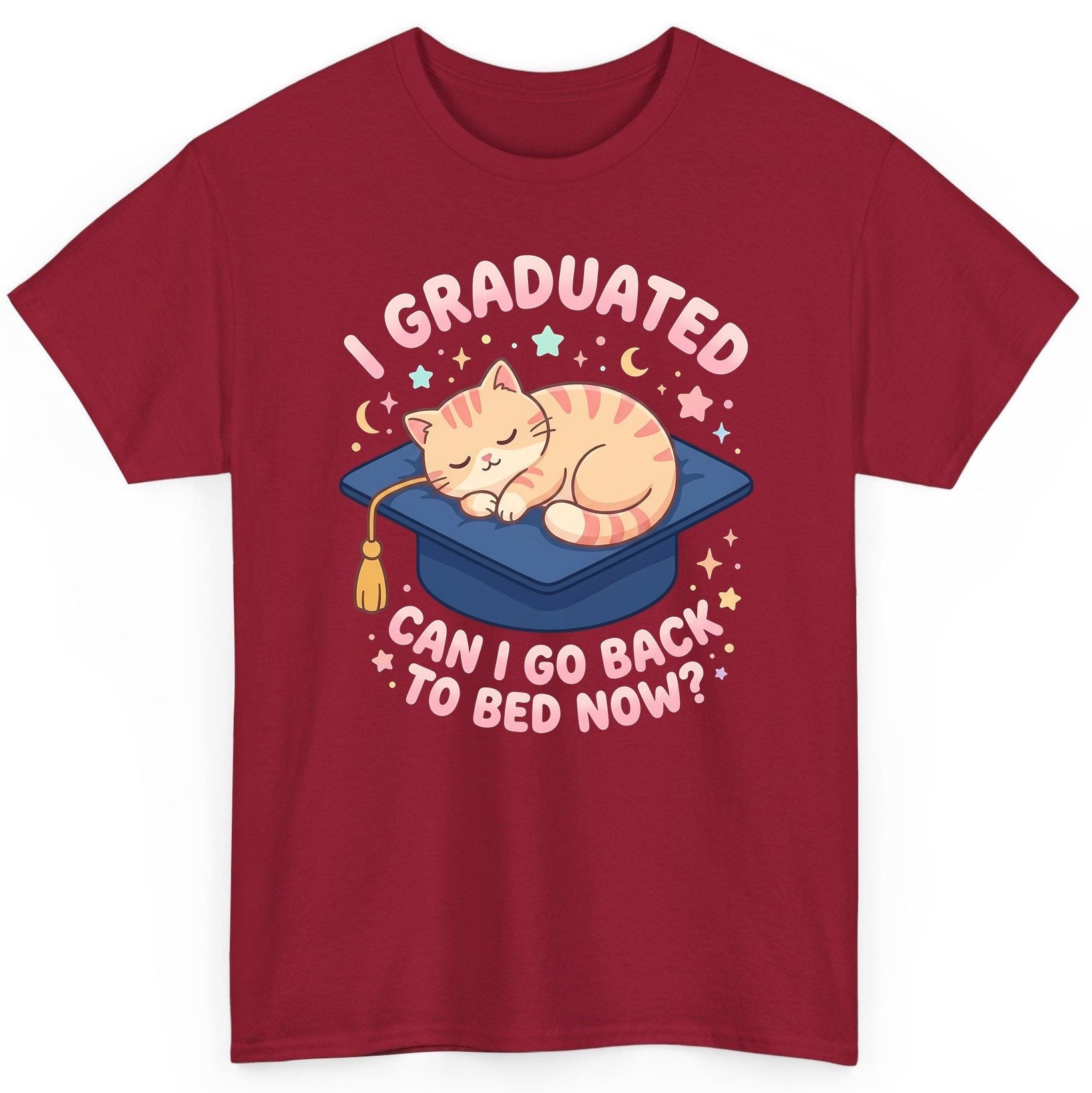 I Graduated CAN I GO BACK TO BED NOW Funny Graduation Cat T-Shirt - product mockup - Cardinal Red