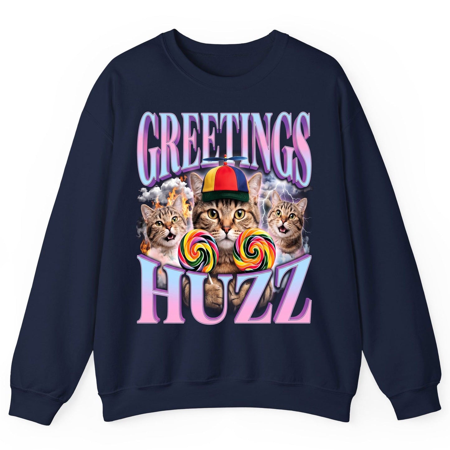 Greetings Huzz Funny Cats Sweatshirt - product mockup - Navy
