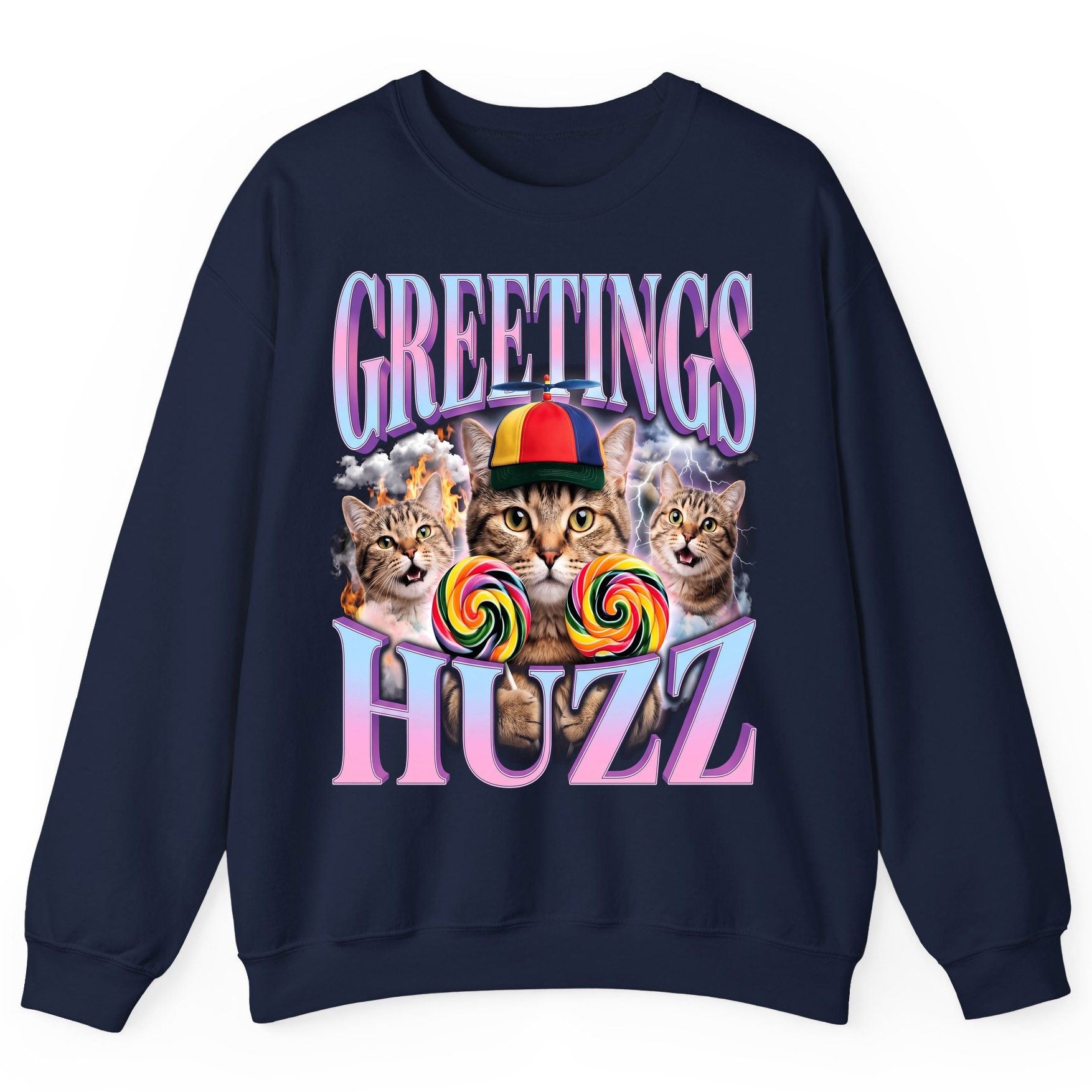 Greetings Huzz Funny Cats Sweatshirt - product mockup - Navy