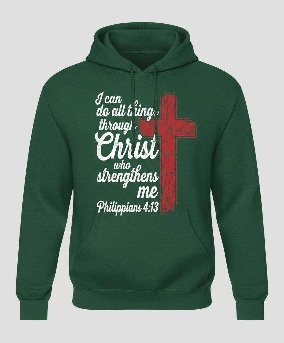 Philippians 4:13 I Can Do All Things Through Christ Christian Faith Hoodie - Forest Green