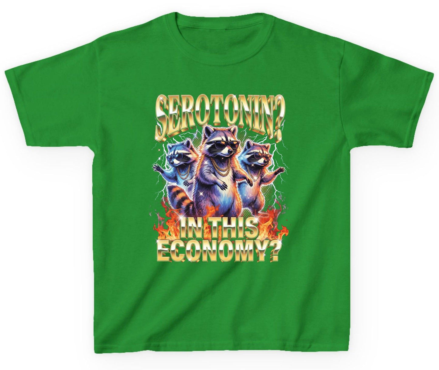 Serotonin in This Economy? raccoon Youth T-Shirt Irish Green product mockup